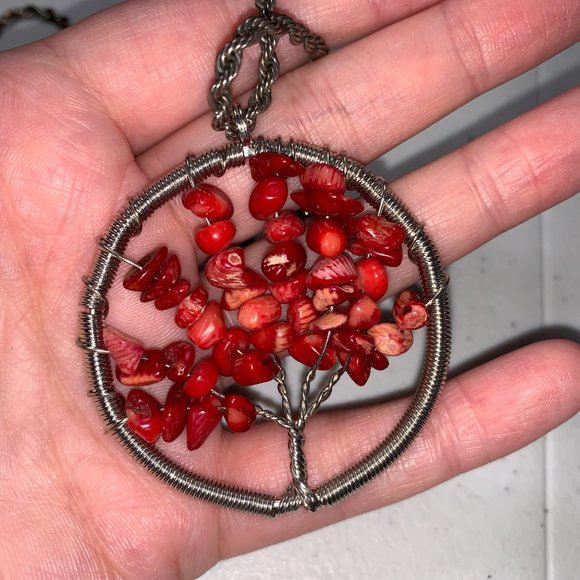 18" 4mm Rope chain with Red Coral Tree of Life Pendant - Picture 3 of 6